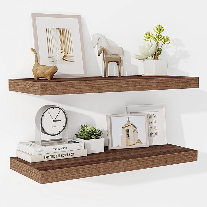 Fun Memories 24 Inch Floating Shelves for Wall, 9.3Inch Deep Floating Shelf, Extra Deeper & Thicker Wall Mounted Storage Shelf for Kitchen, Farmhouse, Walnut, 2 Pack