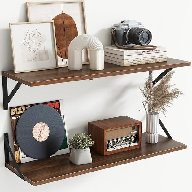 Floating Shelves with Black Metal Brackets Set of 2,30" Wx8 D Wall Mounted Shelves Floating Bookshelf,Hanging Storage Shelf for Living Room,Bedroom,Bathroom,Office,Walnut