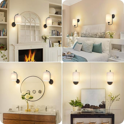 Battery Operated Wall Sconce Set of 2, Black Rechargeable Wireless Wall Light Fixture with Remote, 12 RGB Colors & Timer, Indoor Dimmable Wall Lamp with Linen Shade