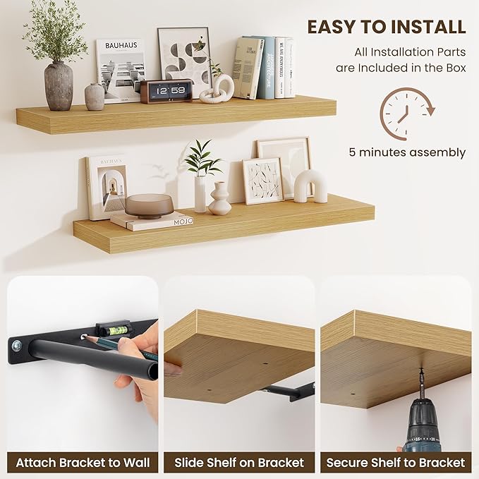 Fun Memories Floating Shelves for Wall, 30 Inch Long Floating Shelves Set of 2, 30 x 10 Wooden Shelves for Wall, Large Storage Shelves, Hanging Shelves for Bathroom Kitchen Bedroom, Oak