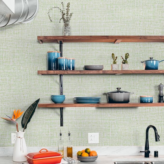 WADILE Grasscloth Peel and Stick Wallpaper 15.7in x 78.7in, Textured Contact Paper for Cabinets, Faux Linen Wall Paper Pull and Stick, Fabric Vinyl Wallpaper Self Adhesive Light Green