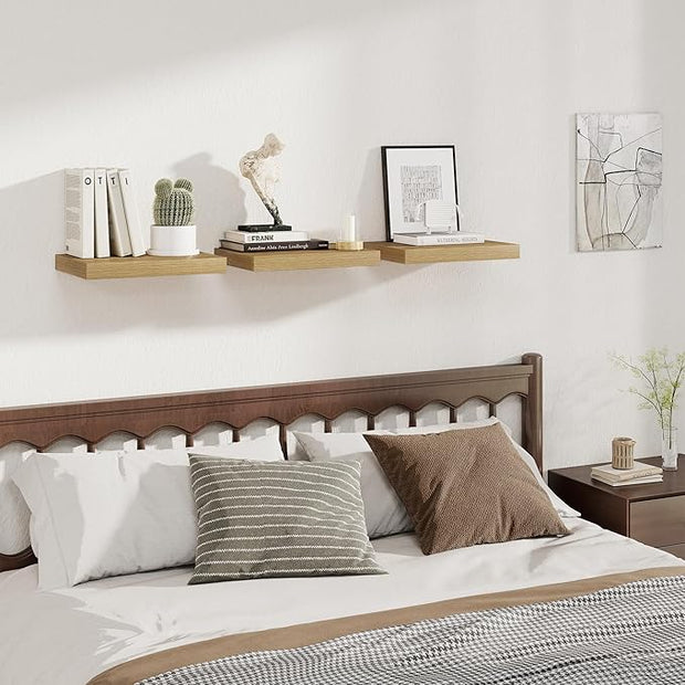 Fun Memories 12 Inch Deep Floating Shelves, 16 x 12 Wooden Wall Shelves, Extra Deeper & Thicker Rustic Wall Mounted Storage Shelf for Fireplace, Living Room, Kitchen, Farmhouse, Oak - 3Pack