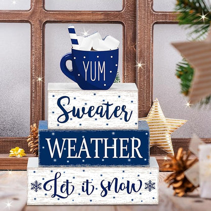 Marsui 4 Pcs Winter Wooden Tabletop Let It Snow Tiered Tray Decor Snowflakes Decorative Wood Block Sign Gift Farmhouse Christmas Table Centerpiece for Home Indoor Holiday