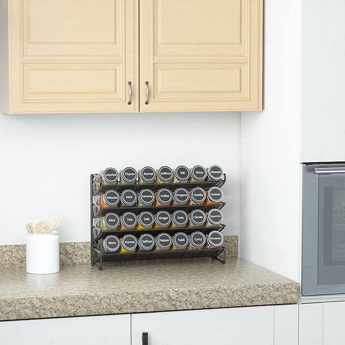 SpaceAid Spice Rack Organizer with 28 Spice Jars, 386 Spice Labels, Chalk Marker and Funnel Set for Cabinet, Countertop, Pantry, Cupboard or Door & Wall Mount - 28 Jars, 13.4