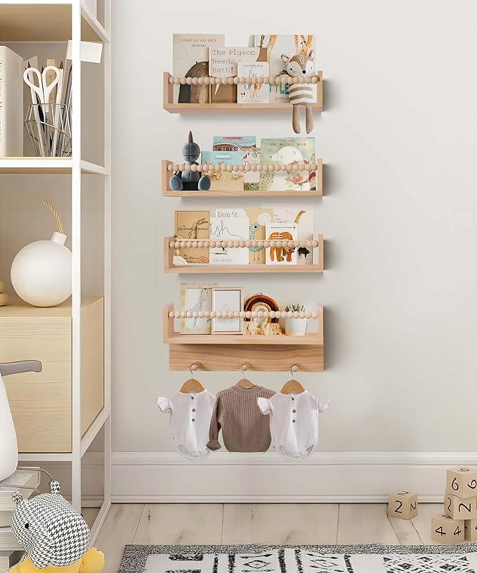 BOMID Wall Bookshelves,Set of 4 Natural Wood Floating Bookshelf,Nursery Shelves,Floating Book Shelves for Wall(Burlywood)
