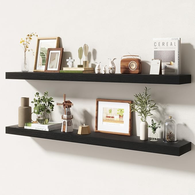 48 Inch Floating Shelves | 6.5 Inch Deep Black Floating Shelves Set of 2 | 48" W x 6.5" D Rustic Black Wood Wall Shelves with Invisible Brackets for Bathroom Living Room Bedroom