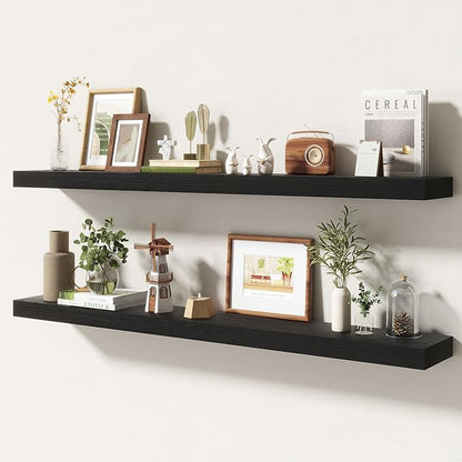 48 Inch Floating Shelves | 6.5 Inch Deep Black Floating Shelves Set of 2 | 48" W x 6.5" D Rustic Black Wood Wall Shelves with Invisible Brackets for Bathroom Living Room Bedroom