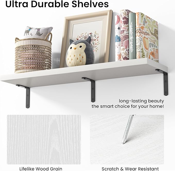 Marsmiles Extra Wide Floating Shelves for Wall, 24x8 Inch Natural Wood Grain Bookshelves, Heavy Duty Mounted Shelving for Bathroom, Kitchen, Living Room, Bedroom,Set of 2，White
