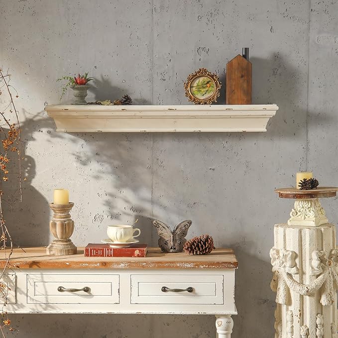 Vintage Floating Shelves for Wall, 36.3 Inch Rustic Wall Shelves, Solid Wood Mounted Decorative Shelves, Long Floating Shelf for Living Room, Bedroom, Bathroom, Kitchen, Home Decor, White