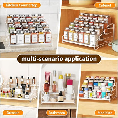 Tiered Spice Rack, 4 Tier Spice Shelf Organizer for Cabinet, Spice Rack Organizer, Depth Adjustable Seasoning Rack Organizer for Cabinet, Countertop, Pantry, Metal, White (1 Pack)