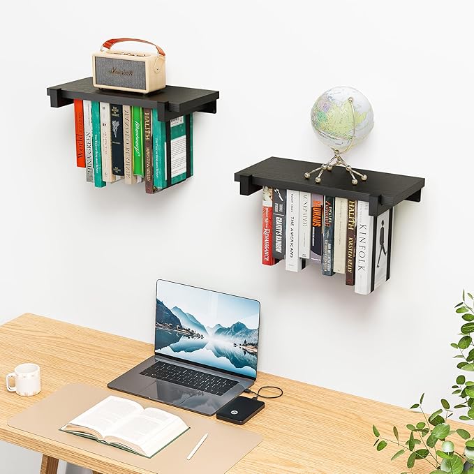 2 Set of Floating Bookshelf, Pine Wood Invisible Bookshelf, Hanging Bookshelves for Wall, Unique Space Saving Wall Bookcase, New Black (16.5L×8.7W×1.5H)