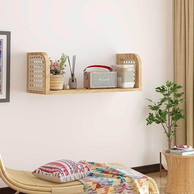 24 Inch Rattan Wall Shelf, Wooden Hanging Bookshelf Storage, Natural Cute Nursery Shelves Wall Mounted, Boho Decorative Floating Shelves for Kids Room, Living Room, Play Room, Bedroom