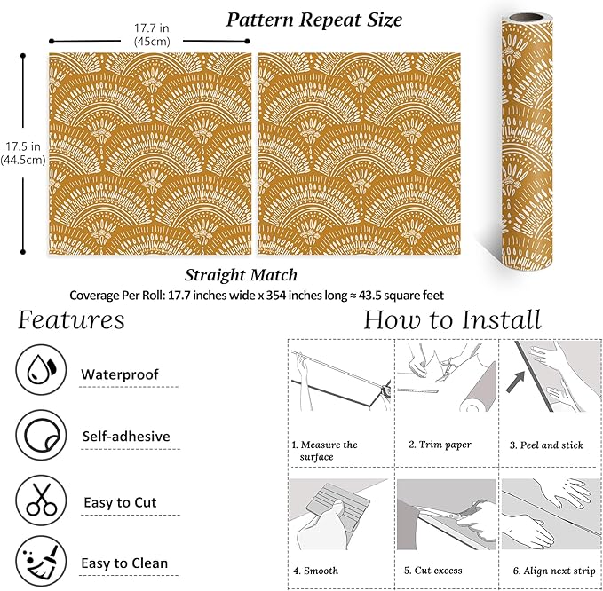 VEELIKE Mustard Yellow Geometric Wallpaper Peel and Stick Boho Wallpaper for Bedroom Bathroom Nursery 17.7''x354'' Removable Yellow Art Deco Wallpaper Renter Friendly Adhesive Contact Paper for Walls