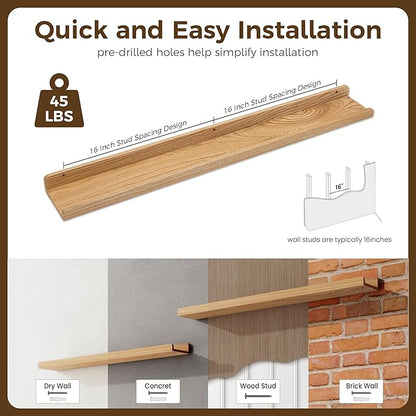 Floating Shelves for Wall 36 Inch - Natural Wood Picture Ledge Shelf Set of 2 - Solid Ash Wood Wall Shelves with Lip - Picture Shelf Photo Ledge
