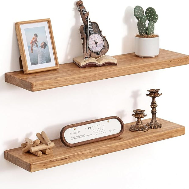 Floating Shelves for Wall, 30"Wx8"D Rustic Solid Elm Wood Floating Shelves Wall Mounted, Round Edge Wall Shelves with Invisible Bracket for Living Room Bathroom Bedroom Kitchen, Set of 2, Natural