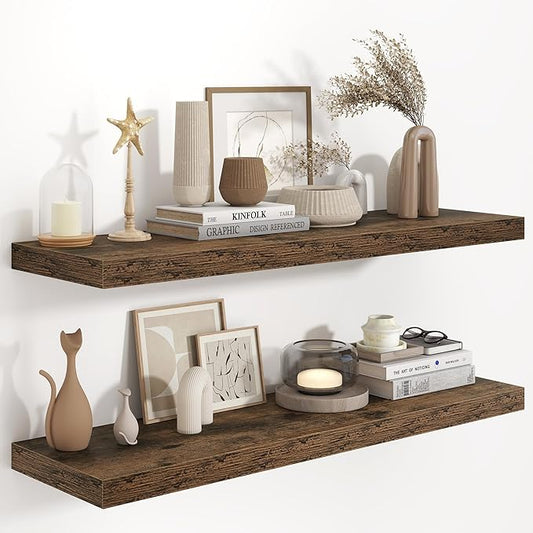 Fun Memories 40" W x 9.3" D Floating Shelves for Wall, Deep Long Floating Shelf for Home Bathroom, Bedroom, Living Room, Rustic Wood Wall Mounted Shelves for Books Decor, Rustic Brown
