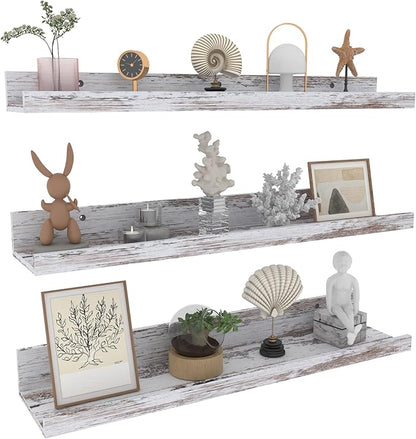 Lavezee 24 Inch Floating Shelves for Wall Set of 3, Rustic Picture Ledge Wall Mounted Shelf for Living Room, Bedroom, Kitchen, Bathroom, Distressed White