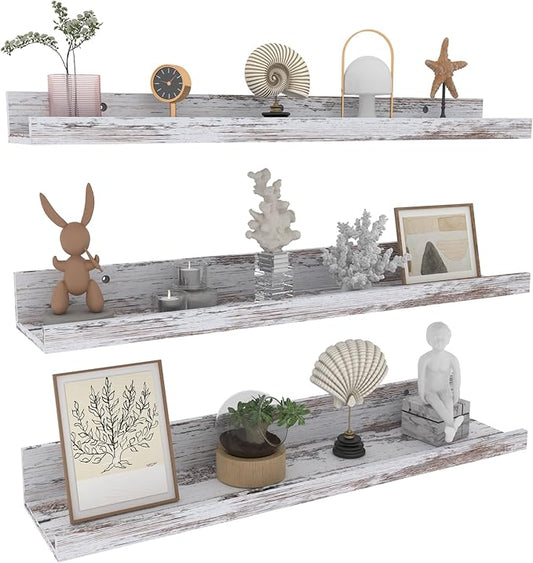 Lavezee 24 Inch Floating Shelves for Wall Set of 3, Rustic Picture Ledge Wall Mounted Shelf for Living Room, Bedroom, Kitchen, Bathroom, Distressed White