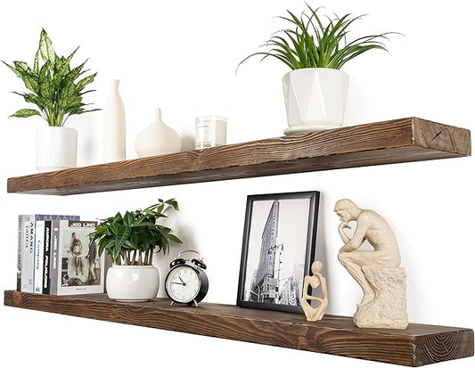 Floating Shelves 60 inch Long 8 "deep Set of 2, Heavy Duty Wood Wall Mounted Shelves for Bathroom Living Room Kitchen,Book Shelves with Thickened Hidden Bracket-Distressed Walnut