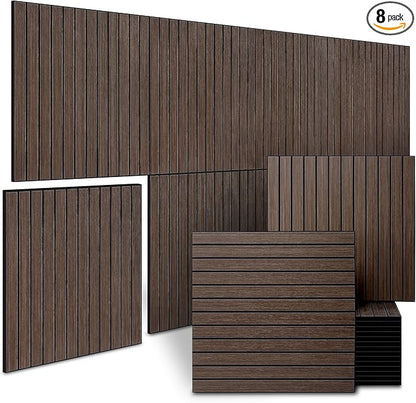 8-Pack Peel and Stick Acoustic Wall Panels, 11.8" x 11.8" PET Soundproof & Noise Cancelling Acoustic Felt, Self-Adhesive 3D Sound Absorbing Slat Wall Paneling for Interior Wall Decor, Walnut