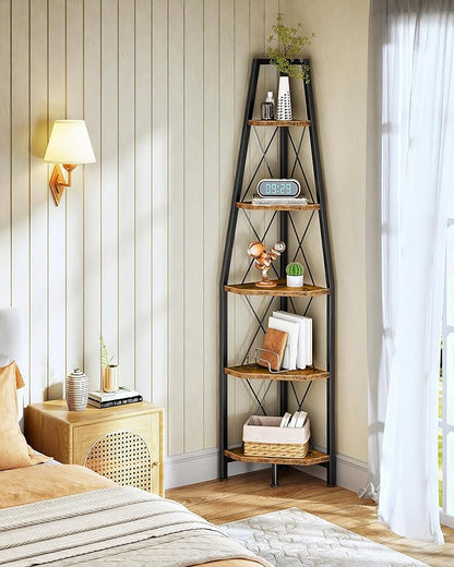 5-Tier Corner Shelf, Corner Bookshelf, Ladder Shelf, Floor Standing Storage Rack, Open Display Stand, Plant Stand, for Living Room, Bedroom, Study, Bathroom, Rustic Brown and Black TCJ22BF