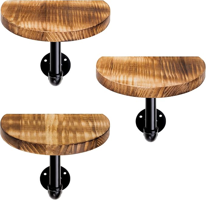 Navaris Industrial Pipe Shelf Set - 3 Small Rounded Wood Shelves with Shelf Brackets - 7.9" x 5.9" Wall-Mounted Wooden Shelving - Size S, Burnt Brown