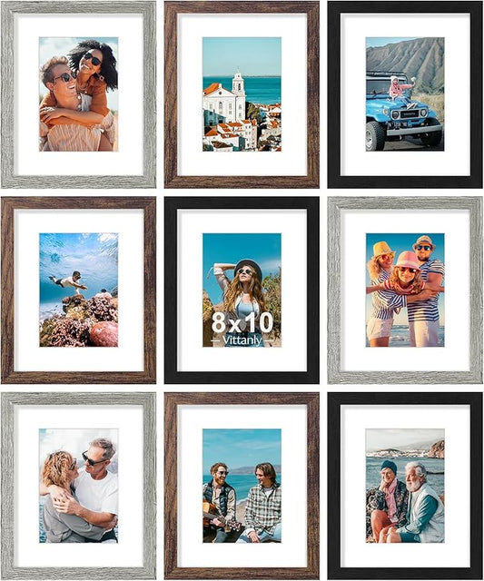 Vittanly 8x10 Picture Frames Set of 9, Display 5x7 Pictures with Mat or 8x10 without Mat, Photo Frames for Wall or Tabletop with Plexiglass, Engineered Wood, Black&Brown&Grey
