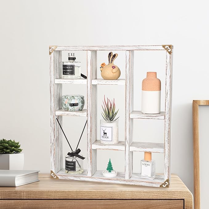 17.7x15.7-Inch Shadow Box Shelf 9-Slot Rustic Floating Shelves Larger Wall Mounted Shelf Lightweight Solid Wood Display Shelf Freestanding Farmhouse(9C-Rustic White)