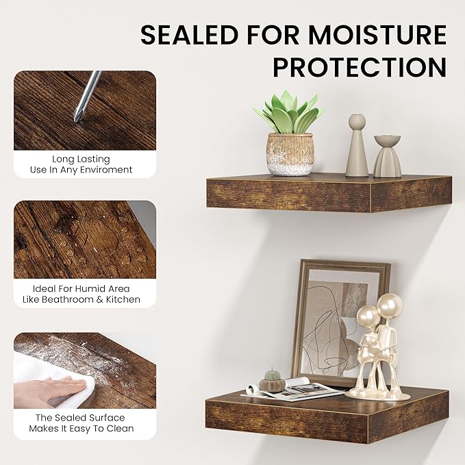 Square Floating Shelves for Wall, 10"W x 10"D x 1.4"H, Small Wooden Wall Mounted Display Shelf with Invisible Brackets for Living Room, Bedroom, Bathroom, Kitchen Decor, Set of 4, Rustic Brown
