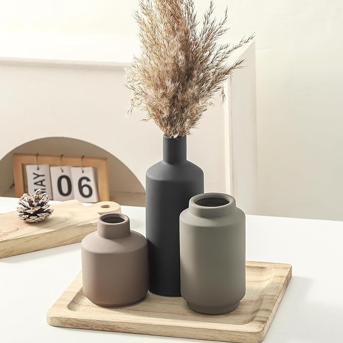 Ceramic Vase Set of 3, Modern Farmhouse Boho Table Centerpiece Vases, Small Flower Pottery for Coffee Bar Shelf Bookshelf Living Room Kitchen Decor, Rustic Home Decor Accents