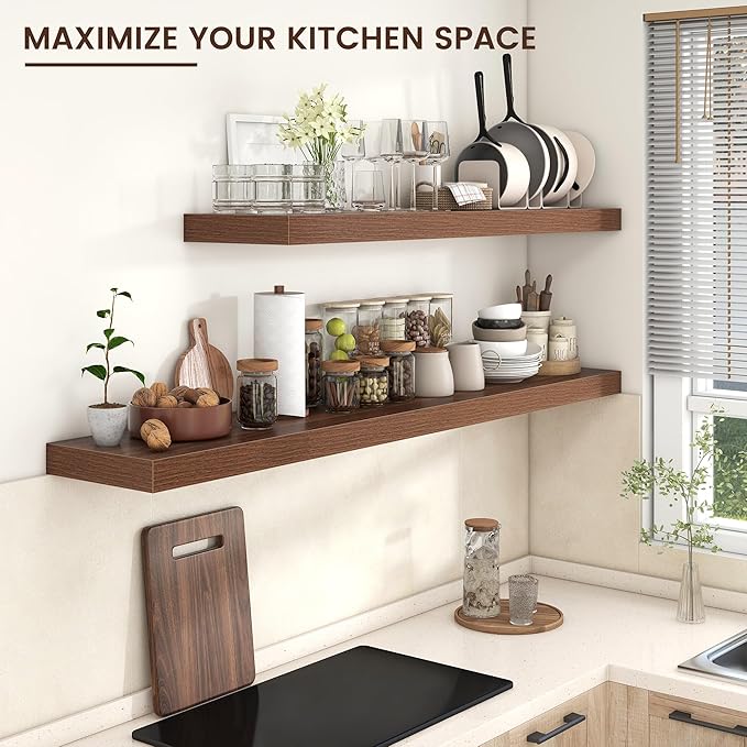 Floating Shelves for Wall, 72 Inch Wide x 12 Inch Deep Floating Shelves, Long Wood Floating Wall Shelf Shelves for Living Room Bathroom Bedroom Kitchen Home - (Walnut, 72
