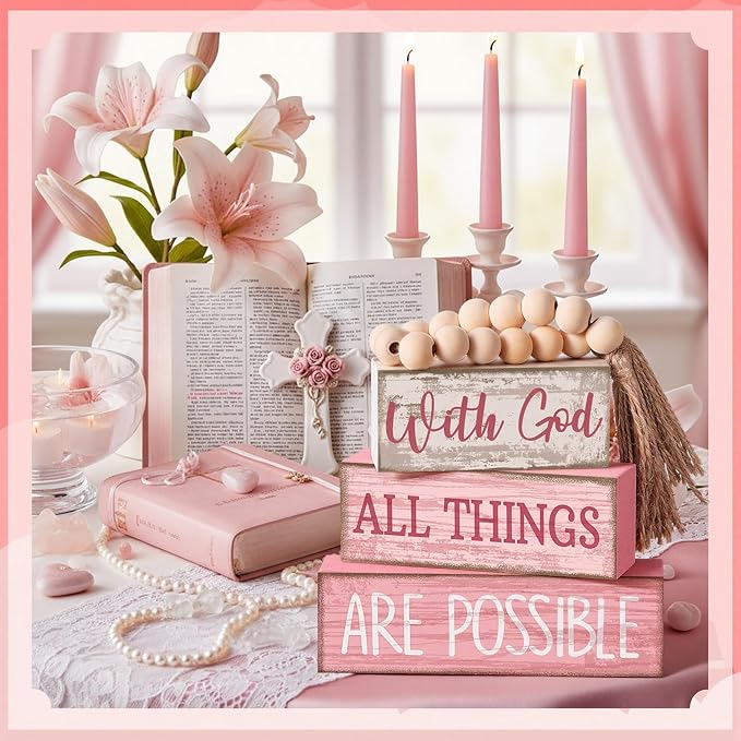 4 Pcs Christian Table Decor Pink Rustic Wooden Block Sign Set with God All Things are Possible Farmhouse Stacked Decor with Beaded Garland Tassel Christian Home Decors for Office, Shelf