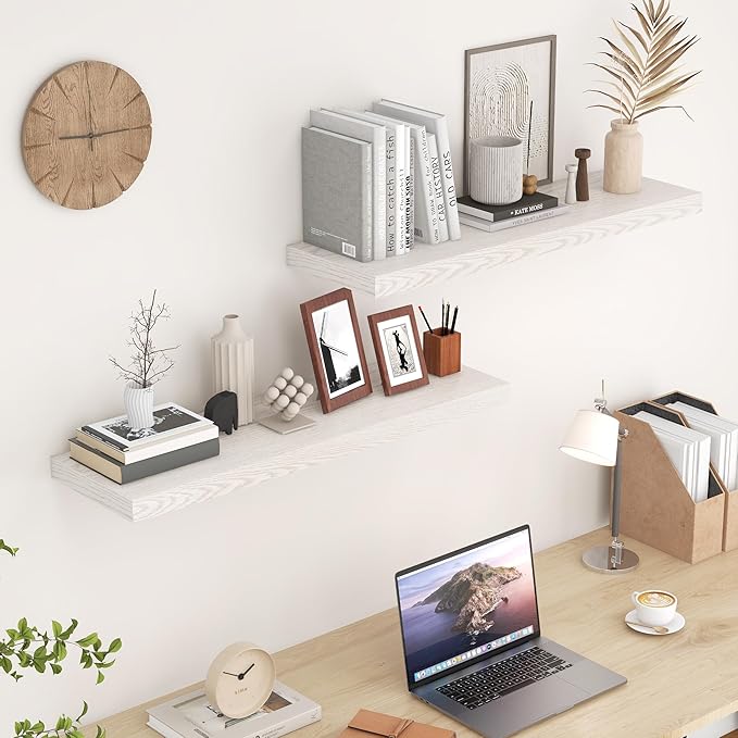 36 Inch Long Floating Shelves for Wall, 9.3 Inch Deep Floating Shelf with Heavy-Duty Bracket, 2 Pack Long Shelves for Bathroom, Living Room, Bedroom, Wall Mounted Storage Shelf for Books Decor, Brich