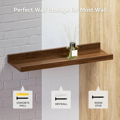 Floating Shelves Set of 2, Farmhouse Wall Shelves with Lip, Display Picture Ledge Shelf for Bedroom, Living Room, Bathroom, Kitchen - Walnut
