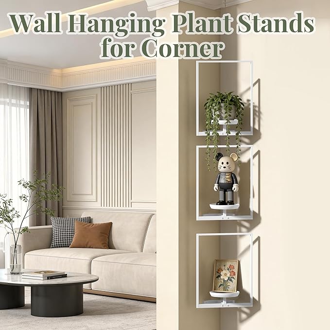 BXF Corner Wall Planters for Indoor Plants, 90 Degree Floating Shelves. Heavy Duty Mounted Holder, Minimalist Hanging Decor. Window Shelf Fits 4-7 Inch Pots (White, Frame 3 Pack)
