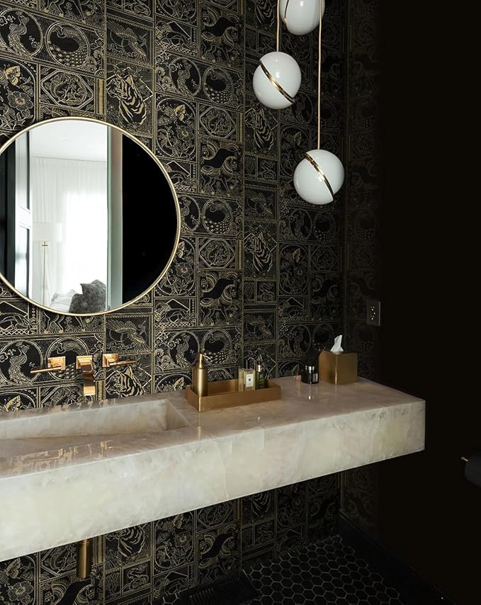 Erfoni 118"x17.7" Black and Gold Wallpaper Vintage Peel and Stick Wallpaper Special Animals Pattern Contact Paper Stick and Peel Self Adhesive Removable Wall Paper for Countertop Cabinets Covering