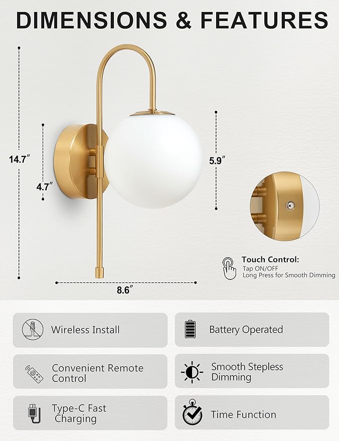 Battery Operated Gooseneck Wall Sconces Set of 2, Glass Globe Wireless Lights with Remote & Touch, Rechargeable Brushed Gold Sconce, 3 Color Dimmable Ambient Lighting for Bedroom Living Room