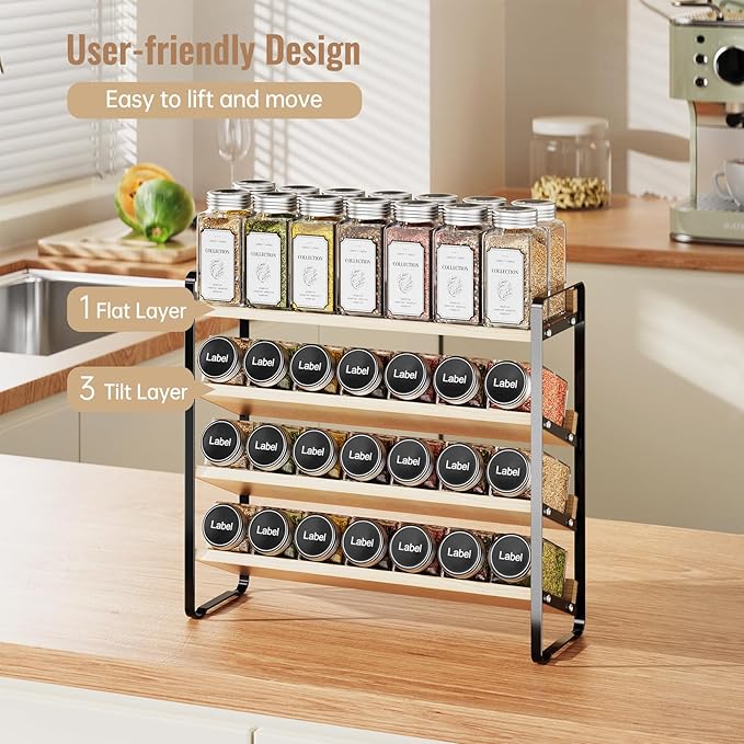 MUDEELA 4 Tier Spice Rack Organizer for Cabinet, Wooden Vertical Spice Shelf, Seasoning Organizer for Countertop, Kitchen, Pantry, Freestanding, 13.4