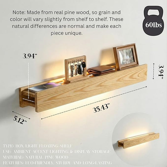 24" Natural Wood LED Floating Shelf, Heavy Duty Solid Pine Decorative Wall Mounted Shelf with Soft Ambient Lights, Minimalist Ledge for Living Room & Bedroom, Ideal for Scandinavian Home Decor