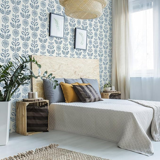 Wudnaye Blue Floral Peel and Stick Wallpaper Blue and White Contact Paper 17.7in×393.6in Vintage Floral Self Adhesive Wallpaper Navy Removable Tulip Wall Paper Waterproof for Bathroom Farmhouse Decor