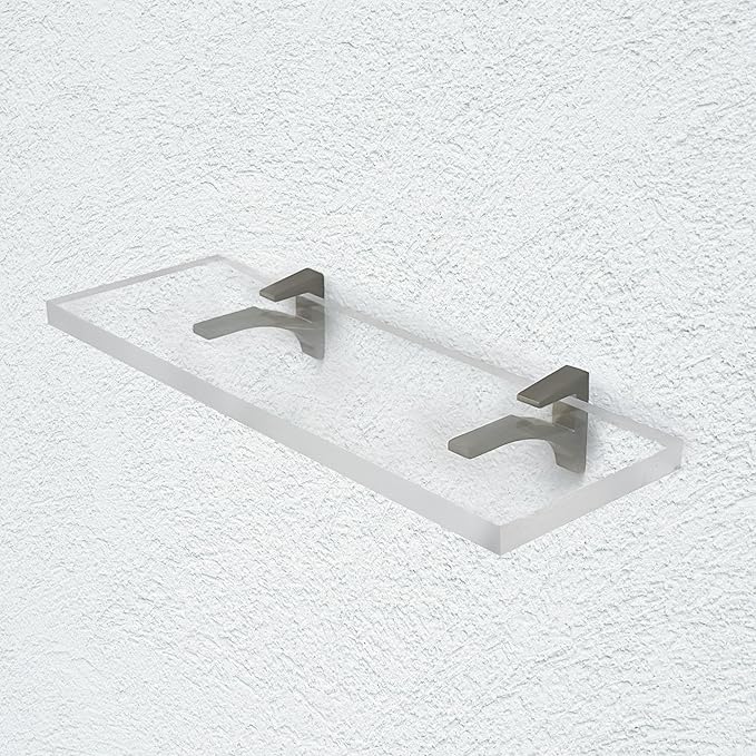 Clear Acrylic Shelves 11.5 inches, 3/4" Thick Transparent Wall Mounted Floating Shelves for Bedroom, Living Room, Bathroom, Kitchen -‎ with Screws and Brushed Nickel Finish Brackets, Pack of 2