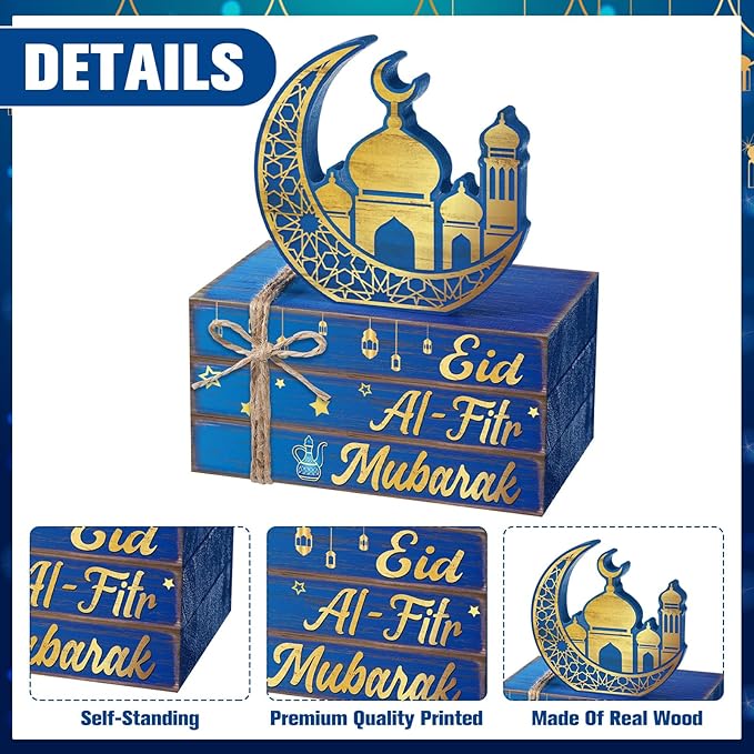 Geelin 4 Pcs Eid Mubarak Tiered Tray Decor Wooden Book Stack Signs, Blue Gold Islamic Crescent Moon Mosque Table Centerpiece for Ramadan Home Shelf Coffee Bar Mantel Decorations
