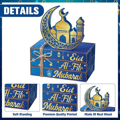 Geelin 4 Pcs Eid Mubarak Tiered Tray Decor Wooden Book Stack Signs, Blue Gold Islamic Crescent Moon Mosque Table Centerpiece for Ramadan Home Shelf Coffee Bar Mantel Decorations
