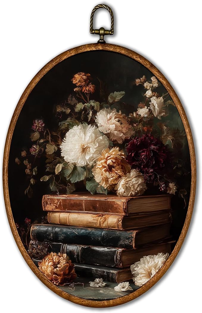 KSDUT Retro Flower Book Wall Art Decor - Neutral Mid Century Modern Wall Art Canvas Frame Hanging Prints, Vintage Dark Academia Floral Oval Artwork Decor for Home Gallery Decorations 8.6