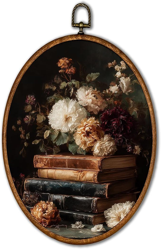 KSDUT Retro Flower Book Wall Art Decor - Neutral Mid Century Modern Wall Art Canvas Frame Hanging Prints, Vintage Dark Academia Floral Oval Artwork Decor for Home Gallery Decorations 8.6"x11.4"