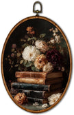 KSDUT Retro Flower Book Wall Art Decor - Neutral Mid Century Modern Wall Art Canvas Frame Hanging Prints, Vintage Dark Academia Floral Oval Artwork Decor for Home Gallery Decorations 8.6