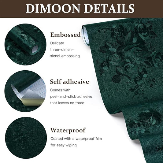 Dimoon 17.7''x118'' Green Peel and Stick Wallpaper Gothic Floral Wall Paper Contact Paper Closeout Renter Friendly Modern Self Adhesive Damask Cabinet Vinyl Roll(118''x17.7'', Green Floral Textured)