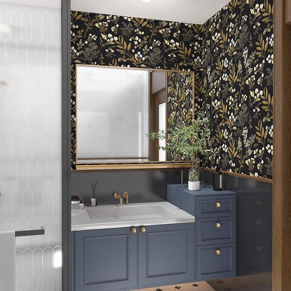 Vintage Wallpaper Peel and Stick Black Floral Wallpaper 17.5'' x 393'' Gold Leaf Contact Paper Vinyl Waterproof Self Adhesive Boho Botanical Wall Paper for Bedroom Shlef Cabinet Décor