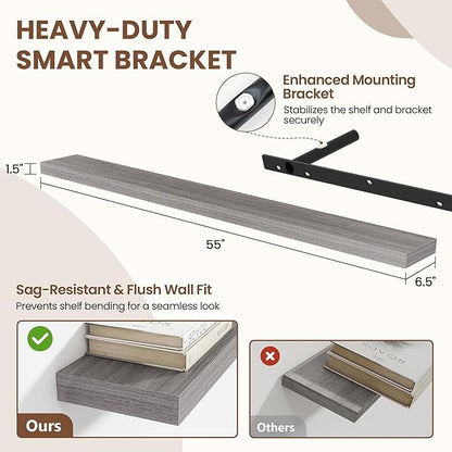 55 Inch Floating Shelves for Wall 2 Pack, 55" Wall Shelves for Books, Storage, Decor, Wall Mounted Floating Shelf with Invisible Brackets for Kitchen, Living Room, Gray