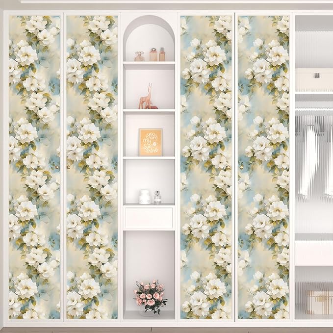 Floral Wallpaper Peel and Stick Vintage Beige Flowers Contact Paper Vinyl Waterproof Self Adhesive Removable Green leaf Modern Wall Murals for Bedroom Walls Shelves Cabinet Decoration 17.5
